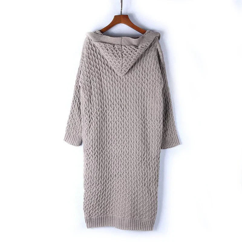 EB | Strickjacke Übergröße Passform Wolltextur Kabelstrick Kapuze Offene Vorderseite