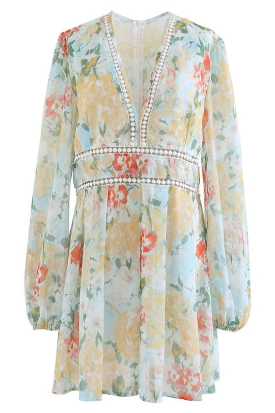 EB | Bedrucktes Minikleid mit V-Ausschnitt und Spitze