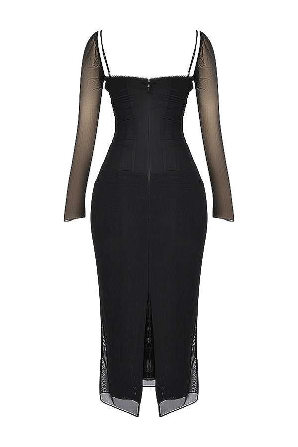 EB | Elegantes Maxikleid mit tiefem Ausschnitt und langen Ärmeln