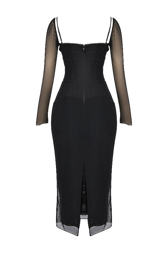 EB | Elegantes Maxikleid mit tiefem Ausschnitt und langen Ärmeln
