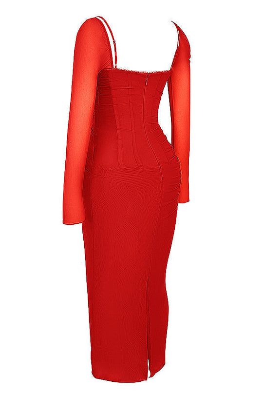 EB | Elegantes Maxikleid mit tiefem Ausschnitt und langen Ärmeln