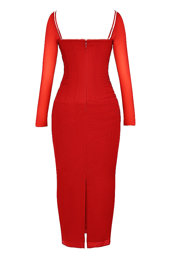 EB | Elegantes Maxikleid mit tiefem Ausschnitt und langen Ärmeln