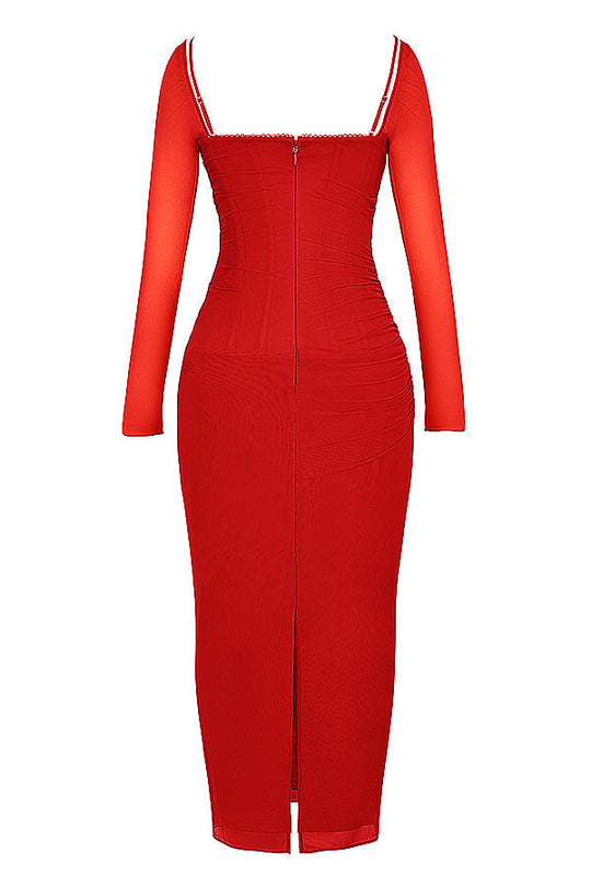 EB | Elegantes Maxikleid mit tiefem Ausschnitt und langen Ärmeln