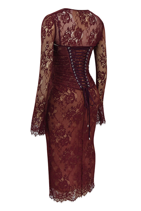EB | Midi Kleid aus Bordeauxrotem Spitze