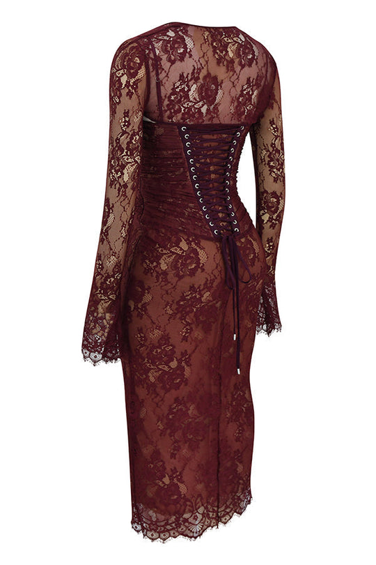 EB | Midi Kleid aus Bordeauxrotem Spitze