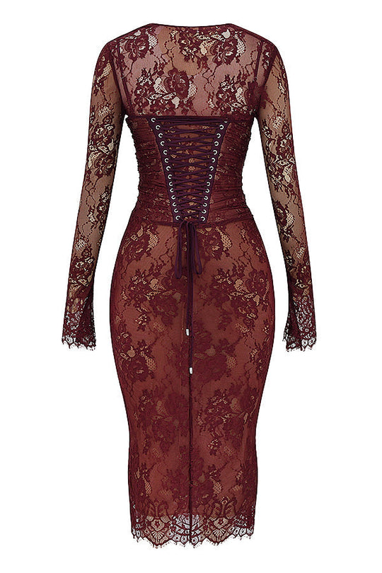 EB | Midi Kleid aus Bordeauxrotem Spitze