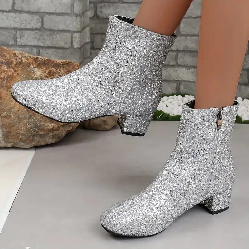 EB | Stiefeletten Pailletten Party Stil Seitlicher Reißverschluss Blockabsatz Statement Schuhe
