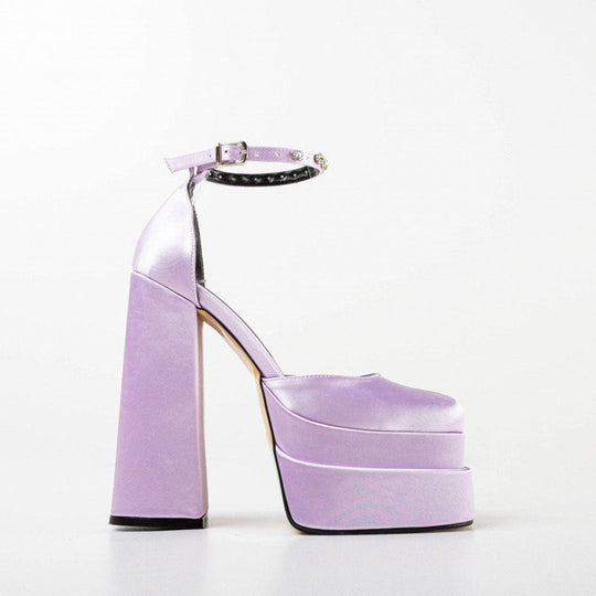 EB | Glänzende Satin Pumps mit Quadratischer Spitze und Klobigem Plateau