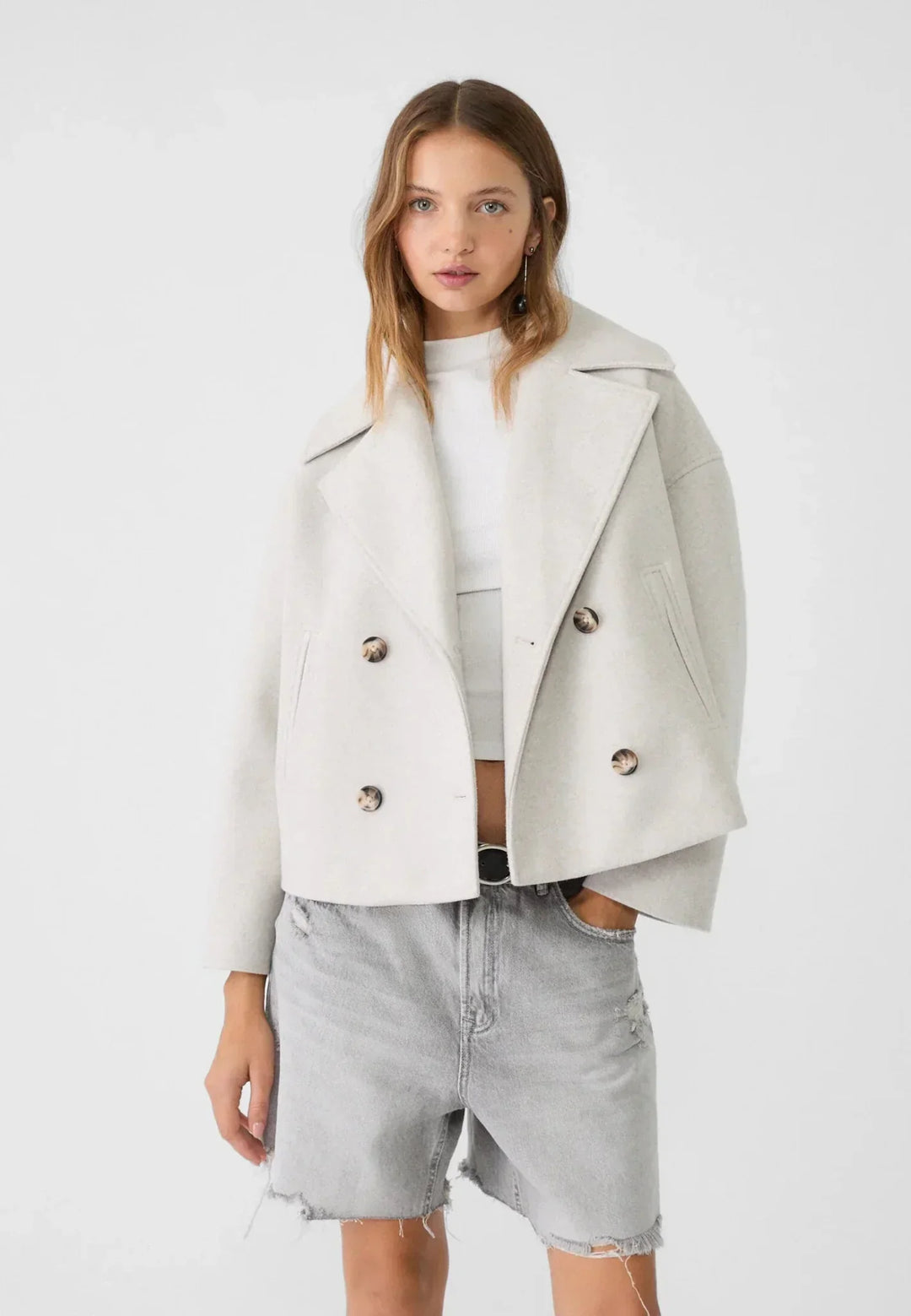 EB | Woll-Pea-Coat-Jacke Doppelt Brustige Kurz Geschnittene Jacke