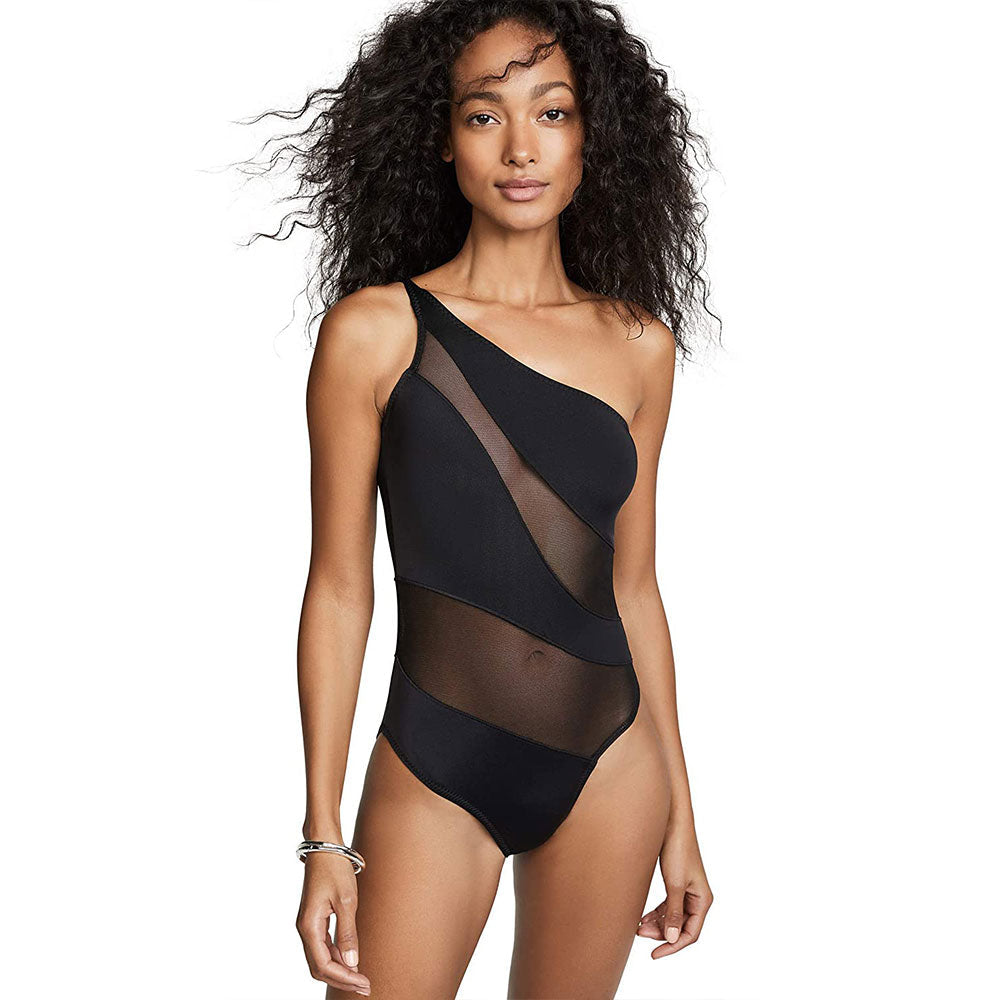 EB | Einfaches One Shoulder Panel Mesh Brasilianisches Einteiler Badeanzug