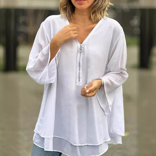 EB | Chiffon Reißverschluss Top mit V-Ausschnitt