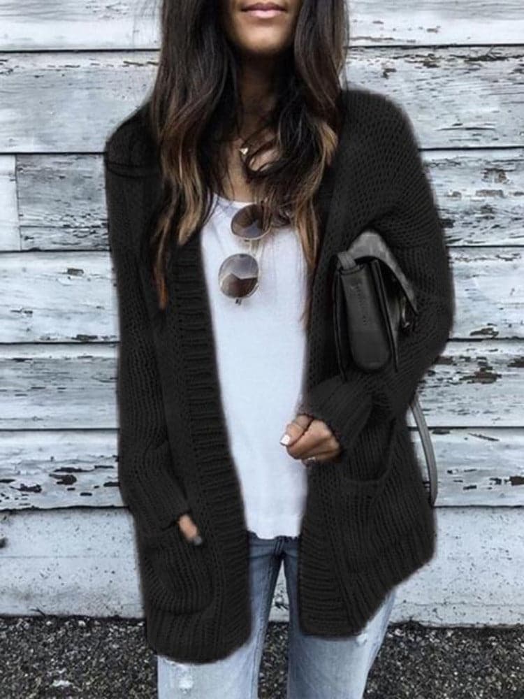 EB | Strickjacke Gestrickt Offene Vorderseite Entspannt Passform mit Taschen