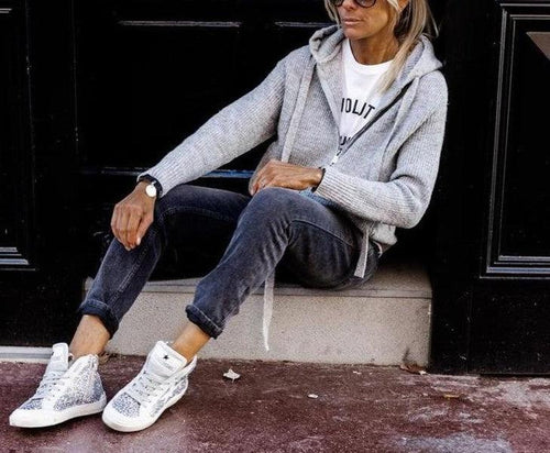 EB | Grau Strick Hoodie mit Reißverschluss Wolle Komfortabel und Warm