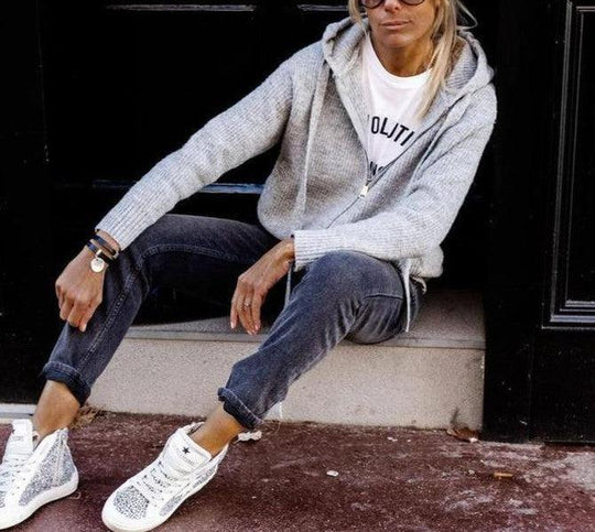 EB | Grau Strick Hoodie mit Reißverschluss Wolle Komfortabel und Warm