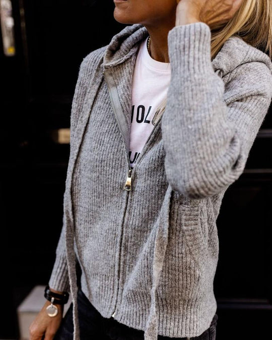 EB | Grau Strick Hoodie mit Reißverschluss Wolle Komfortabel und Warm