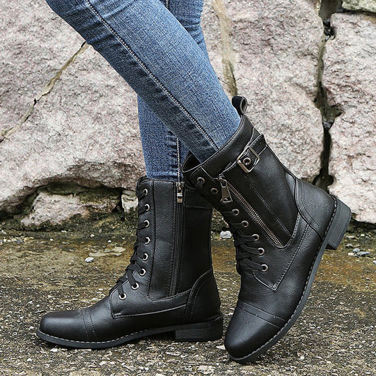 EB | Dick-Sohlige Niedrige Absatzstiefel mit Mittlerem Schaft