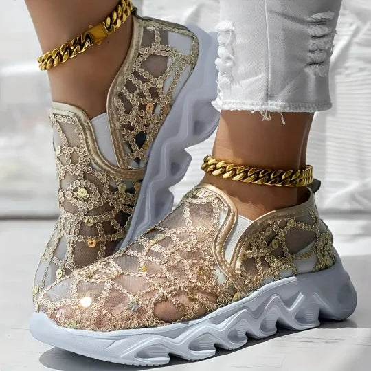 Damen bestickte Spitze Mesh Sneakers EB EB