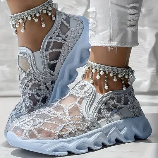 Damen bestickte Spitze Mesh Sneakers EB EB