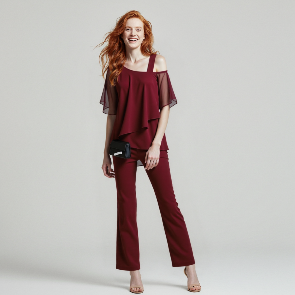 EB | Damen Zweiteiler Satz Eleganter Jumpsuit mit Cold Shoulder Bluse