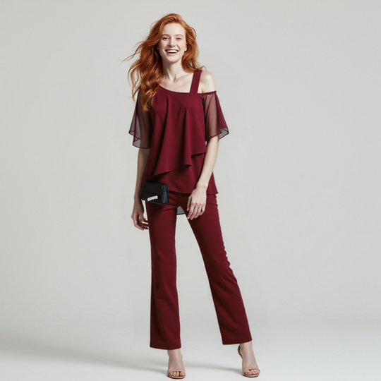EB | Damen Zweiteiler Satz Eleganter Jumpsuit mit Cold Shoulder Bluse