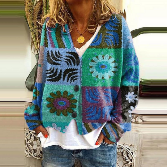 EB | Damen Knopf Blumen Cardigan aus Daunen Warm