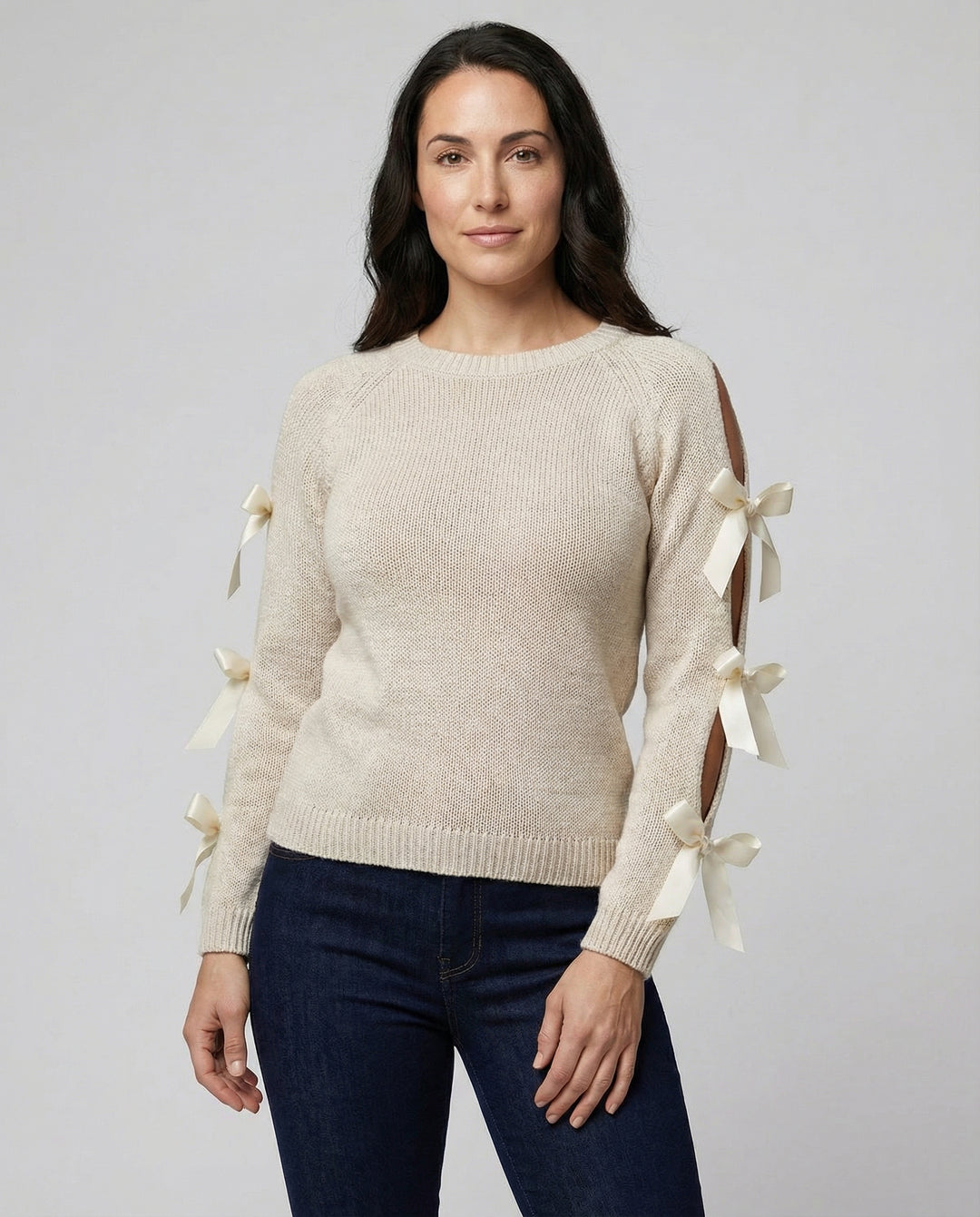 Damen Strickpullover mit offener Schulter und raffinierten Schleifendetails EB