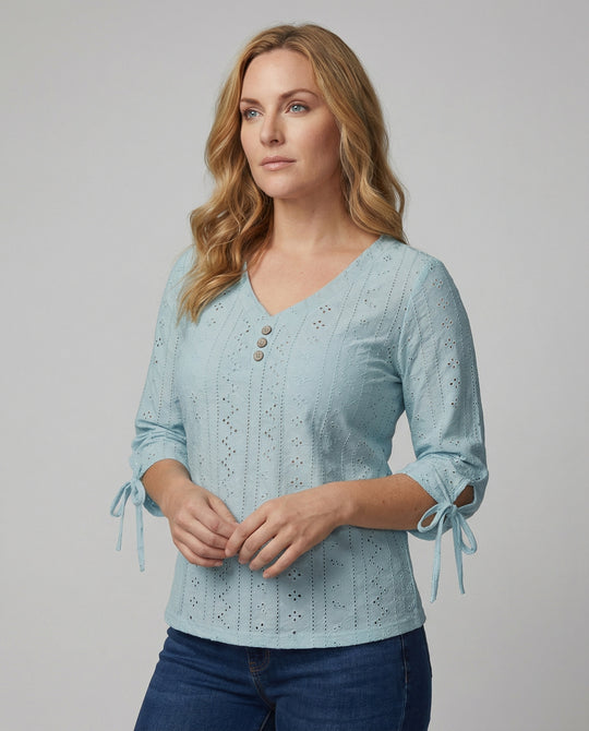 Damen Modisches Blusenshirt mit Spitzendetails und Knopfleiste EB