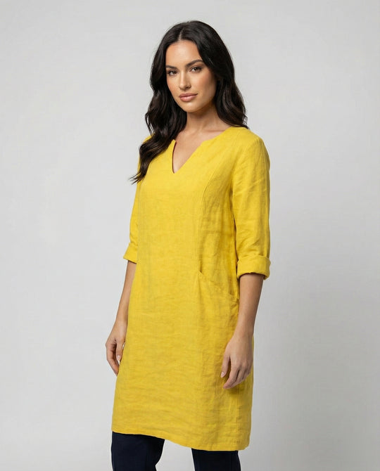 Damen Leinenkleid mit lockerer Passform und elegantem V-Ausschnitt EB