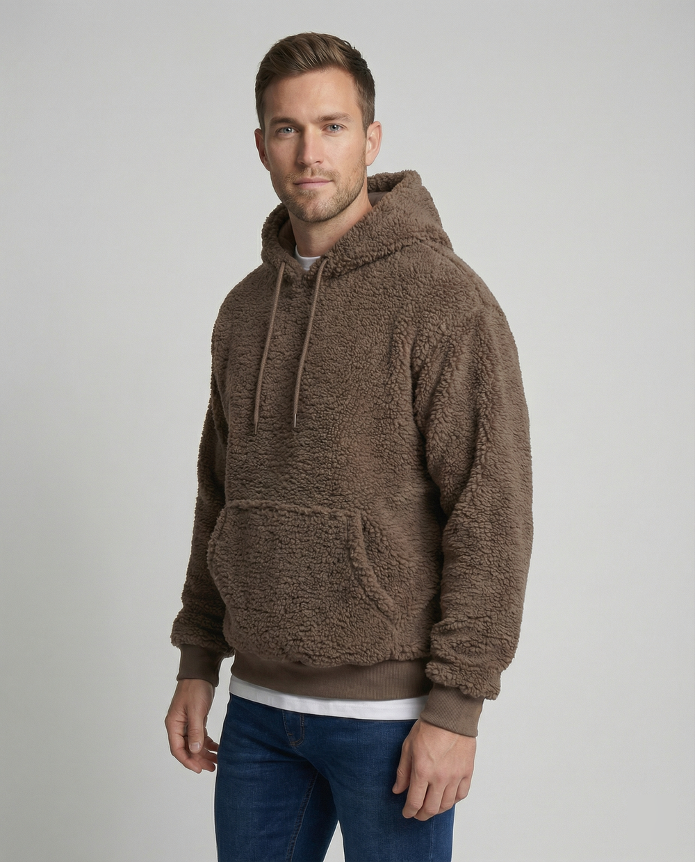 Herren Kuscheliger Teddy-Pullover mit Kapuze und elastischem Bund EB