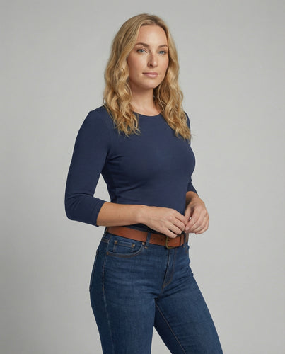 Damen Lässiges Oberteil mit Eleganten 3/4-Ärmeln und Geschwungenem Saum EB