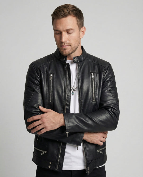 Herren Kunstlederjacke mit asymmetrischem Reißverschluss EB