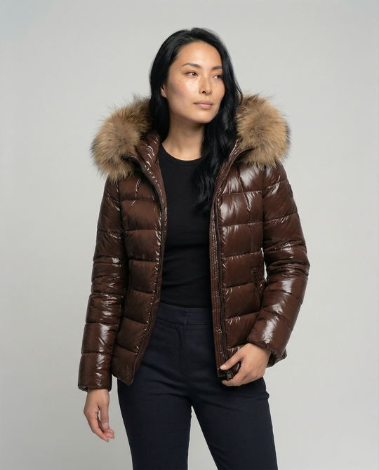 Damen Winterdaunenjacke mit abnehmbarer Kapuze und luxuriösem Fellkragen EB