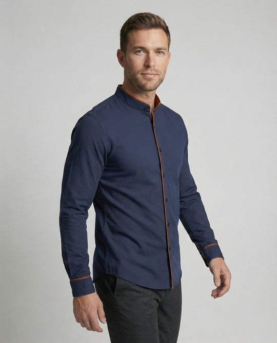 Herren elegantes Langarmhemd mit modernem Stehkragen und Kontrastnähten EB