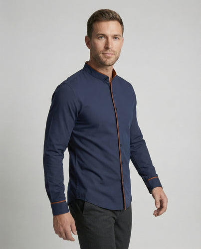 Herren elegantes Langarmhemd mit modernem Stehkragen und Kontrastnähten EB
