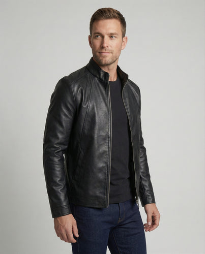 Herren elegante Kunstlederjacke mit Stehkragen EB