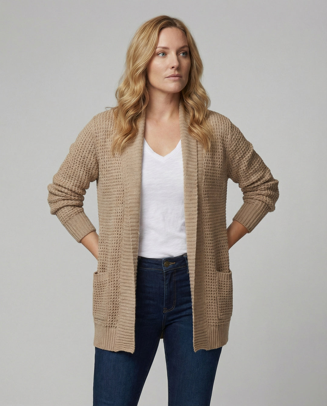 EB | Strickjacke Weiches Strickmaterial Lockere Passform Offene Vorderseite Taschen Lange Ärmel
