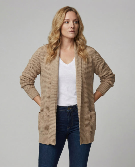 EB | Strickjacke Weiches Strickmaterial Lockere Passform Offene Vorderseite Taschen Lange Ärmel