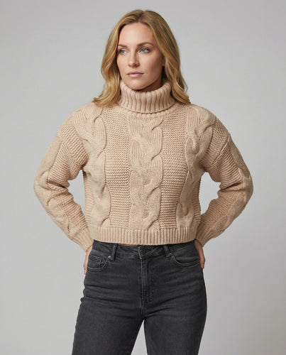 Damen oversized Strickpullover mit hohem Kragen und modischem Zopfmuster EB