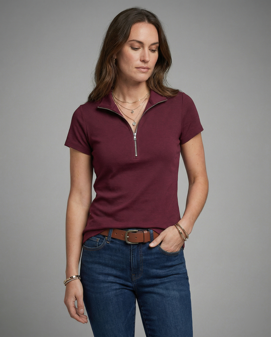 Damen Poloshirt mit kurzem Reißverschluss und figurbetontem Schnitt EB