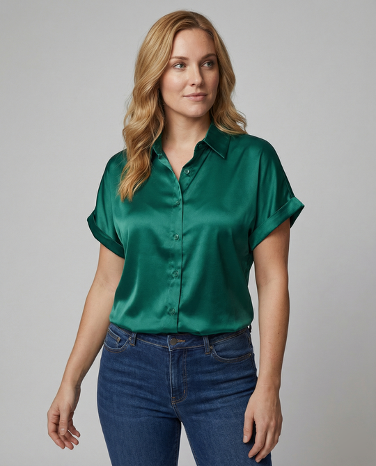 Damen Satin-Bluse mit großem Kragen und überschnittenen Schultern EB