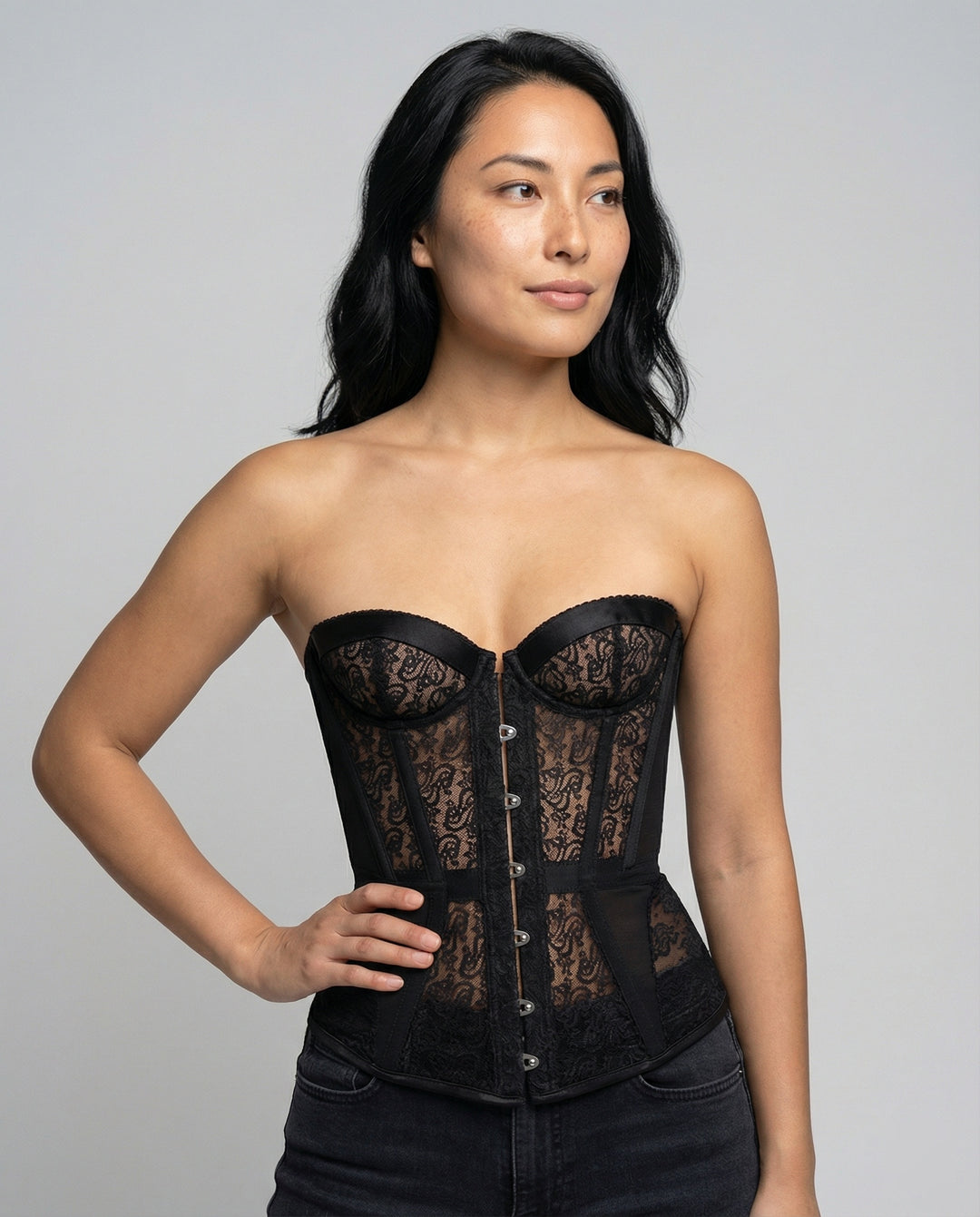 Damen Corsagenoberteil mit floralen Spitzenapplikationen und Knopfverschluss EB