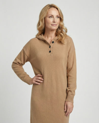 Damen Hoodie-Kleid aus weichem Strickmaterial mit Knopfleiste und Kapuze EB