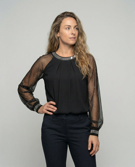 EB Damen Mesh-Bluse mit Strassbesatz und transparenten Ärmeln