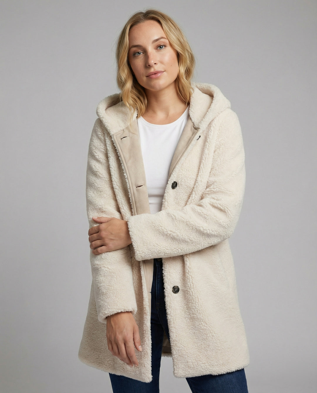 EB | Teddy Mantel - Oversized Fit - Mit Kapuze - Knopfverschluss - Mittellang