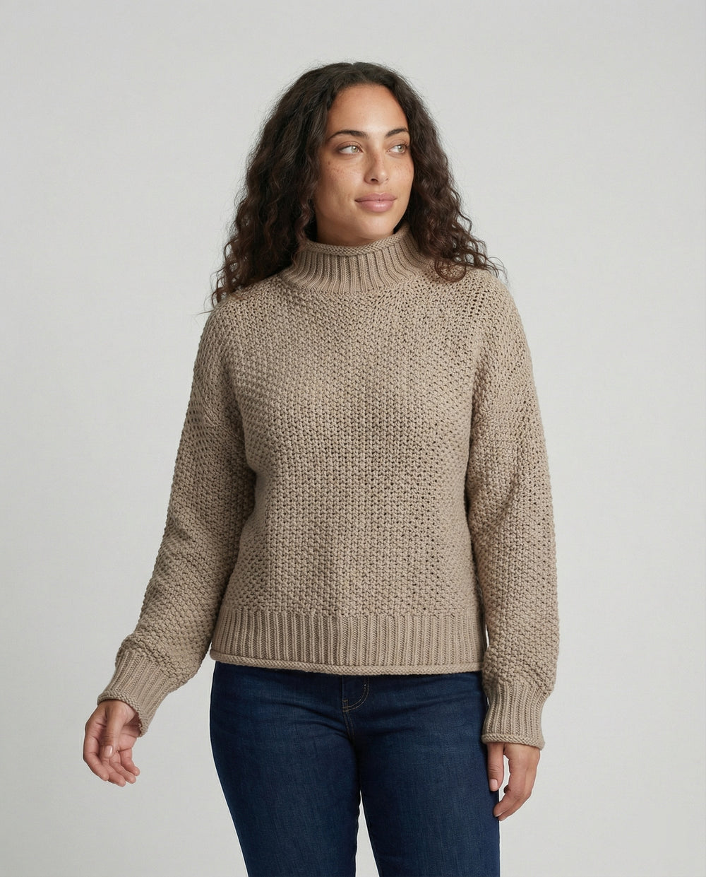 Damen kuscheliger Strickpullover mit hohem Kragen und weit geschnittenen Ärmeln EB