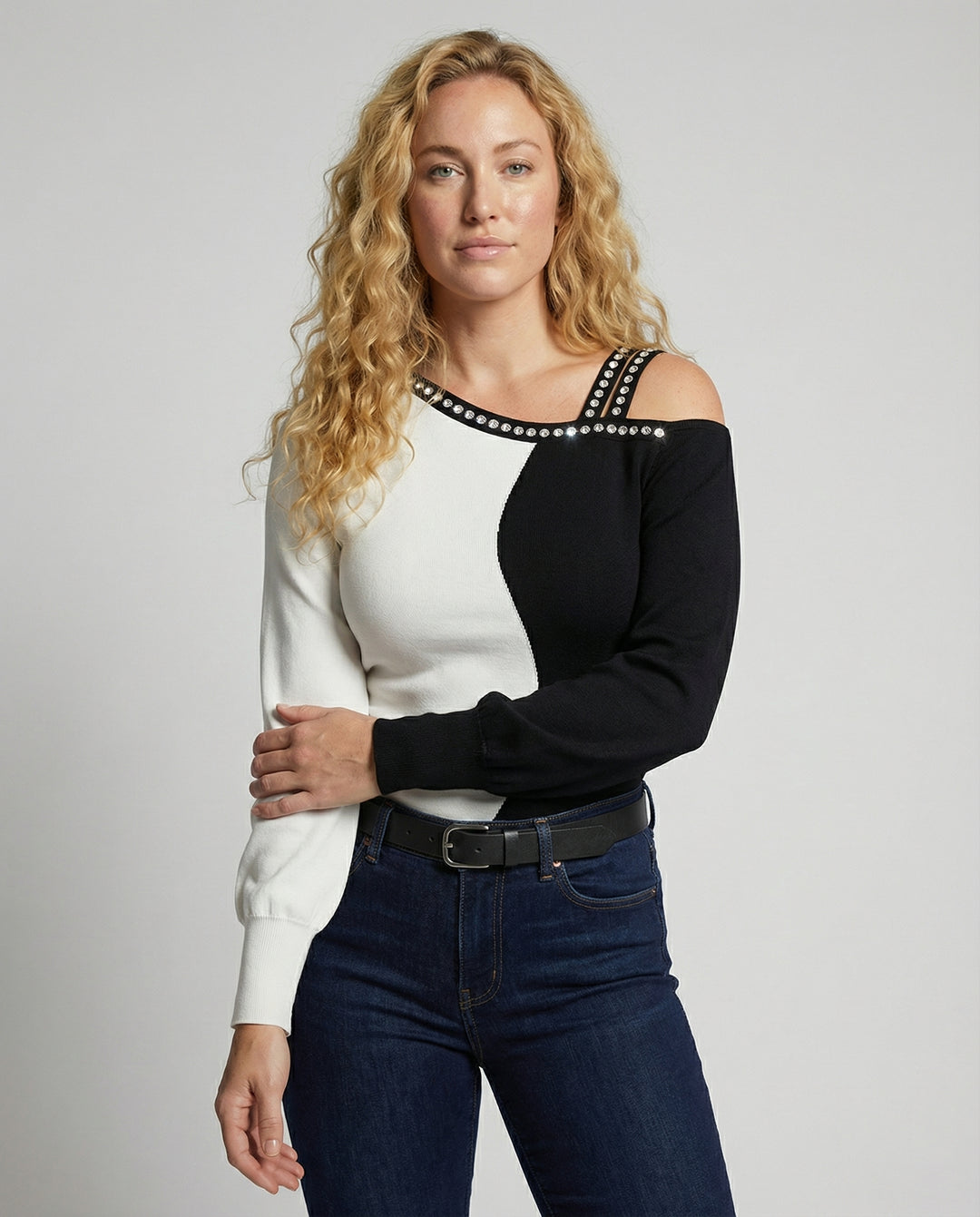 Damen Trendy Asymmetrisches Oberteil mit Strassbesatz EB