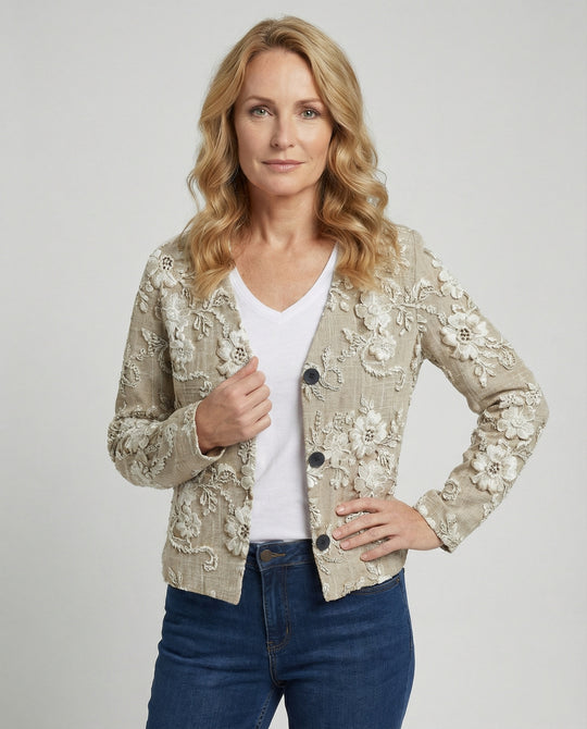 EB | Cardigan mit 3d Spitzen Knopfverschluss Romantisch und Lässig