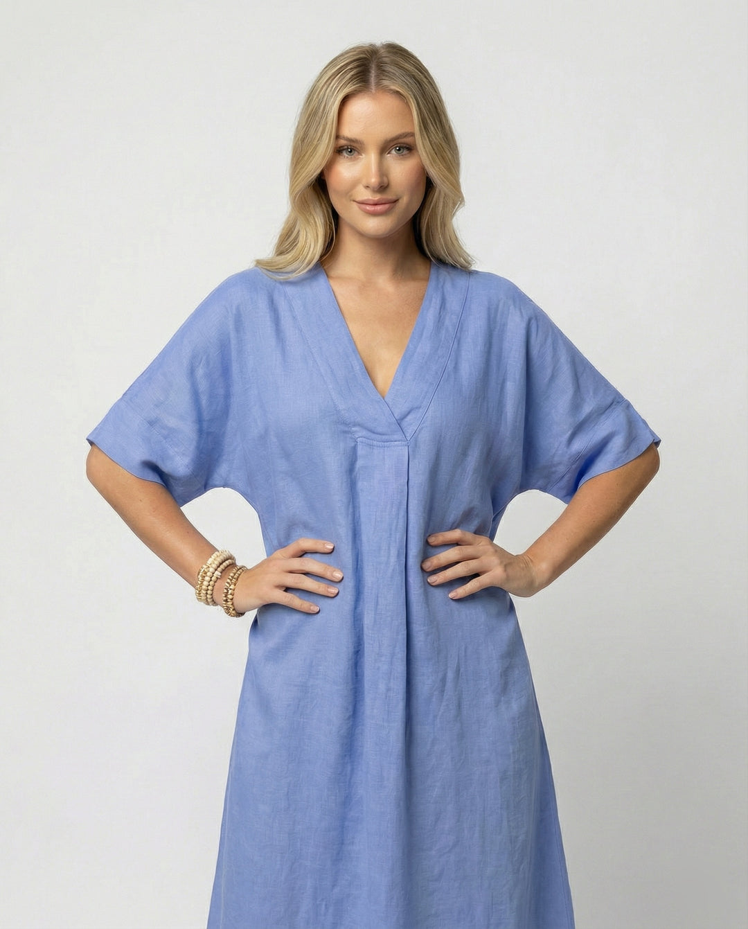 Damen lässiges Leinen-Maxikleid mit V-Ausschnitt und weit geschnittenen Ärmeln EB