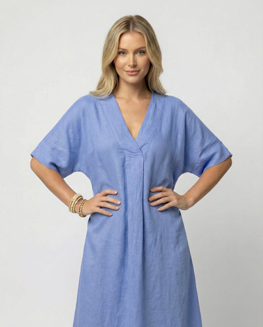 Damen lässiges Leinen-Maxikleid mit V-Ausschnitt und weit geschnittenen Ärmeln EB