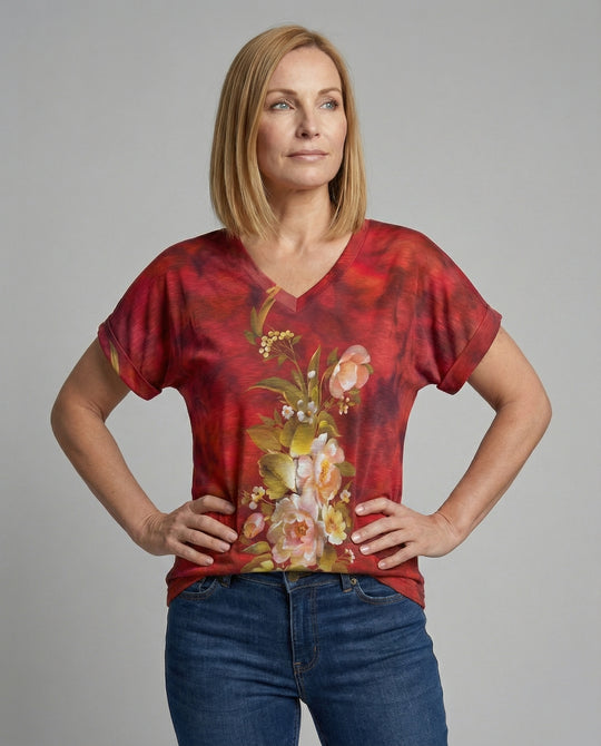 Blusen Tunika V-Ausschnitt Damen Floral